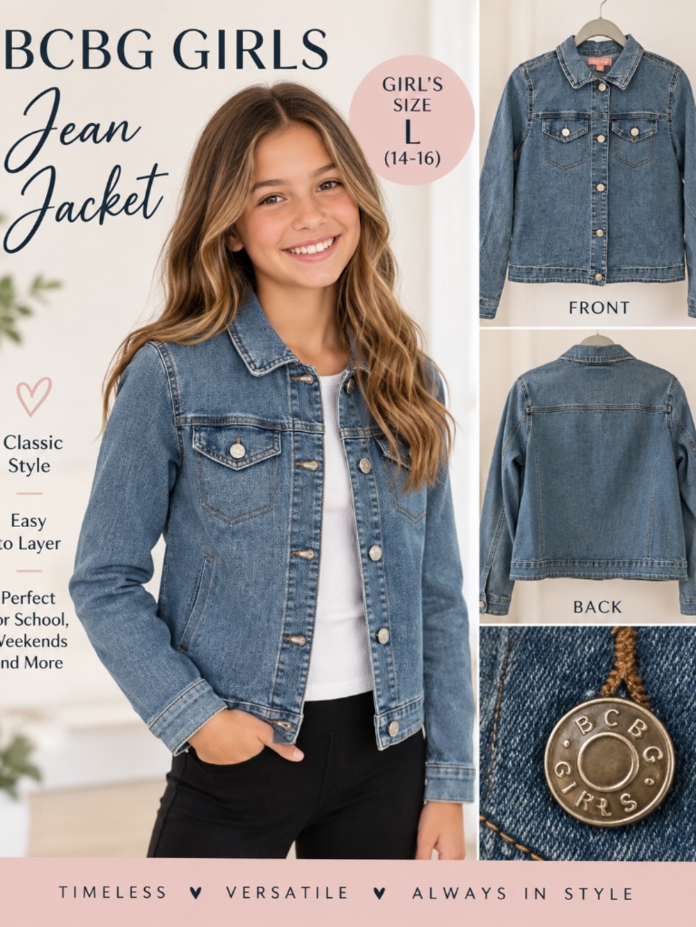 BCBG Girls Denim Jean Jacket Size L 14/16 Stretch Classic Blue